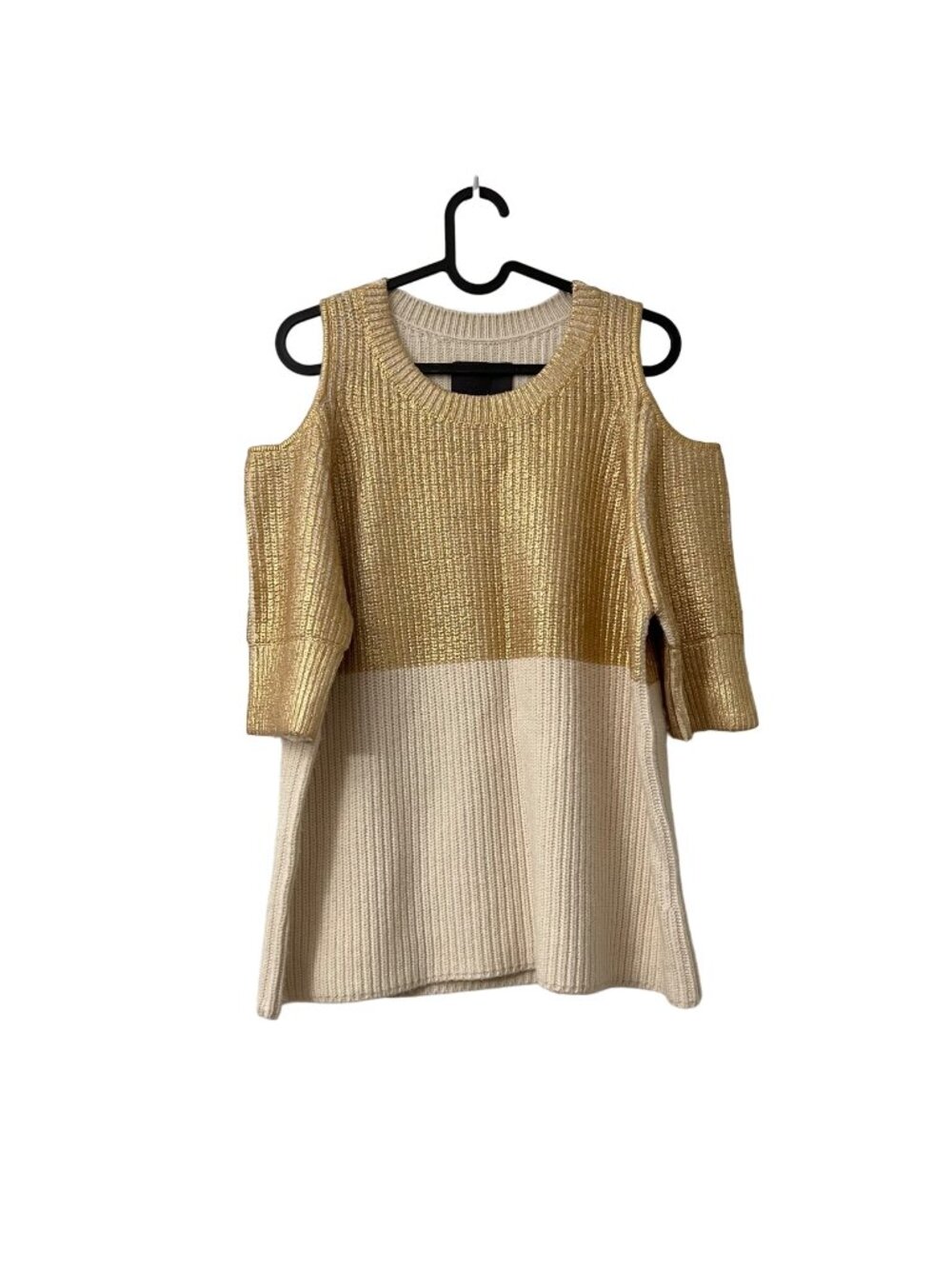 Zoe Jordan Cream Gold Cashmere Wool Cold Shoulder Chunky Knit Sweater S/M